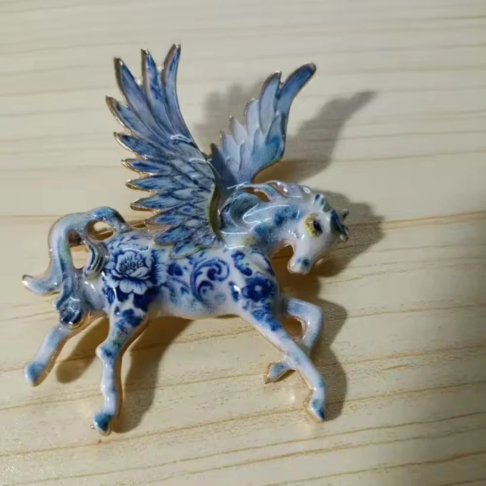 Porcelain Pegasus Blue White Brooch - Picture 2 of 5